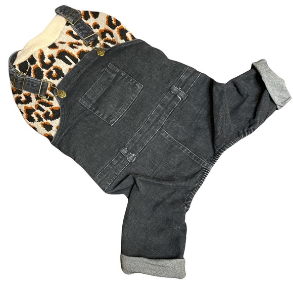 Doggy Stretch Denim Overalls with Leopard Sweater - Picture 1 of 9